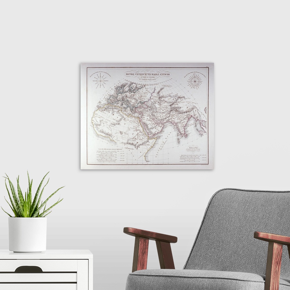 A modern room featuring Antique world map showing the continents with longitude and latitude grid lines.  There are also ...