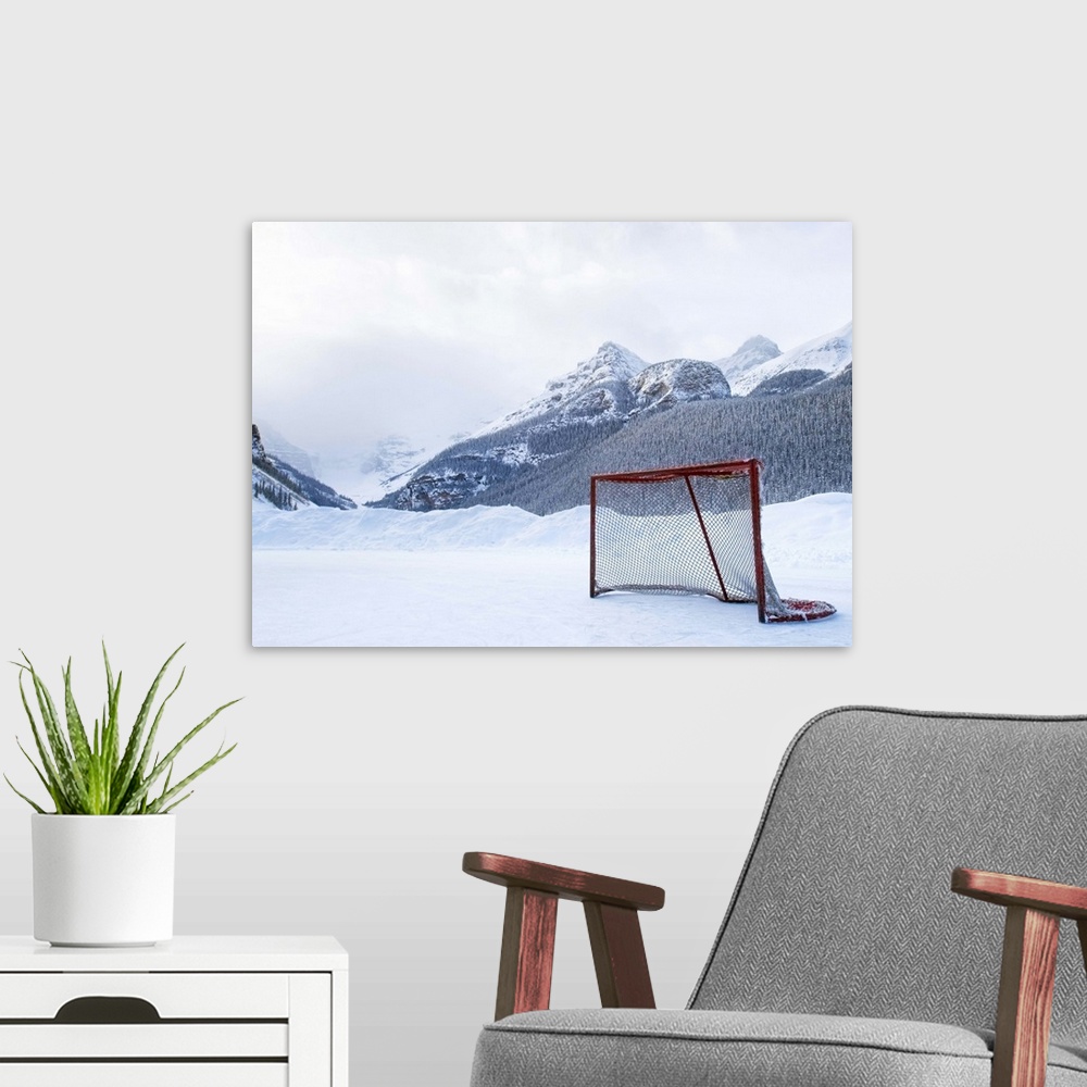 A modern room featuring Hockey goal on frozen lake, Lake Louise, Banff, Alberta, Canada