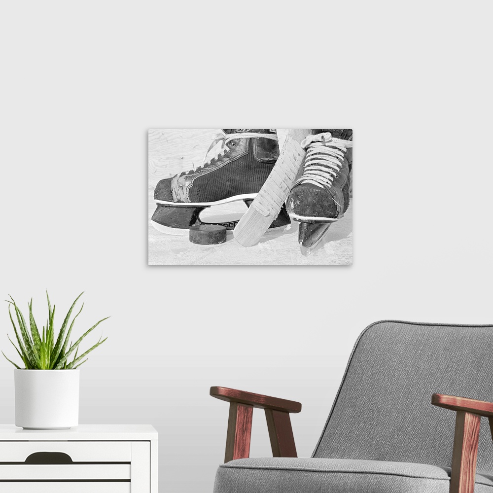 A modern room featuring Large, landscape photograph of vintage hockey skates on the ice.  Between the skates is the end o...
