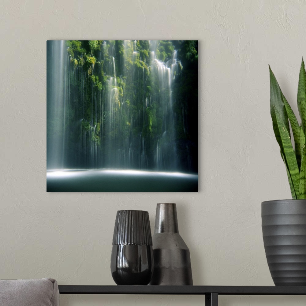 A modern room featuring Holga image of Mossbrae Falls in northern California on July afternoon.