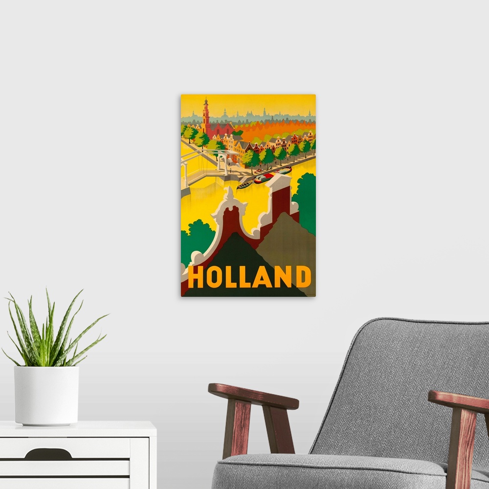 A modern room featuring 1945 Dutch travel poster illustrated by Paul Erkelens. Holland canal, bridges and cityscape adver...