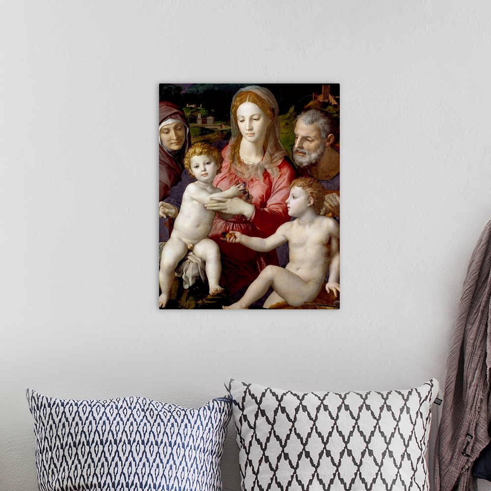 A bohemian room featuring Holy Family With Saint Anne and the Infant Saint John by Agnolo Bronzino 124,5x99,5 cm Kunsthisto...