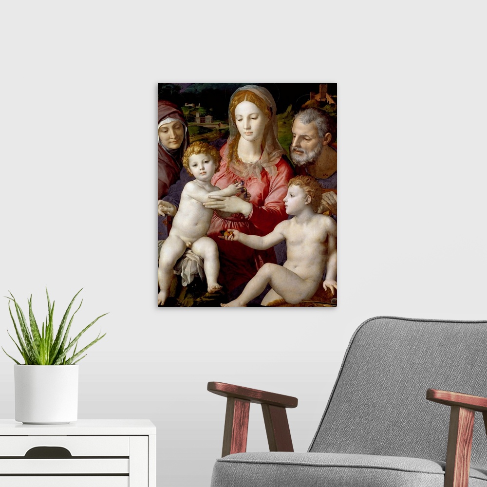 A modern room featuring Holy Family With Saint Anne and the Infant Saint John by Agnolo Bronzino 124,5x99,5 cm Kunsthisto...