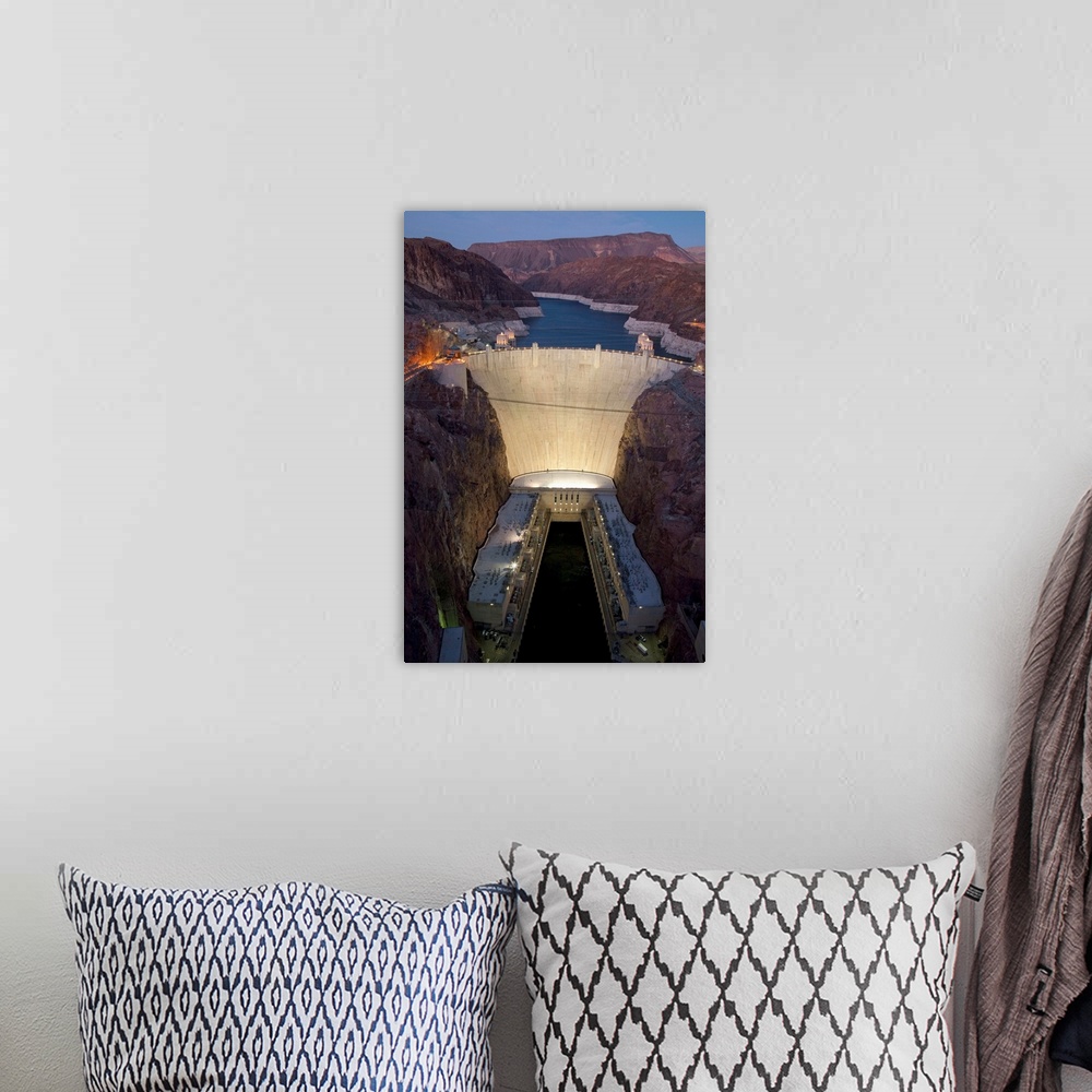 A bohemian room featuring Elevated view at dusk of Hoover Dam (formerly Boulder dam) and Lake Mead is in the Black Canyon o...