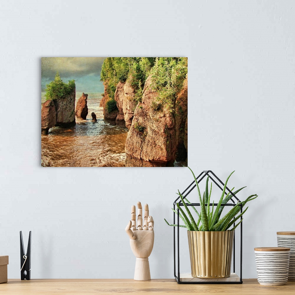 A bohemian room featuring Hopewell Rocks at high tide in The Rocks Provincial Park, New Brunswick, Canada.
