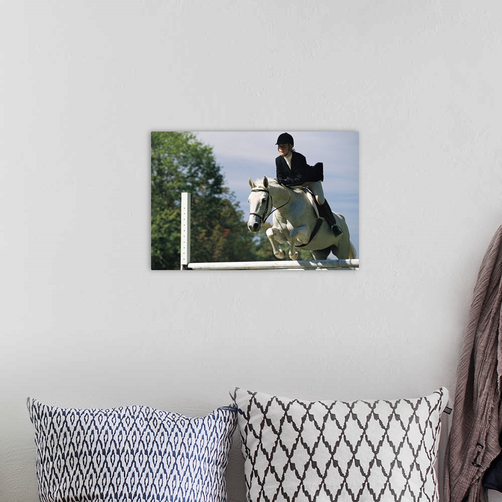 A bohemian room featuring Horse jumping in equestrian event