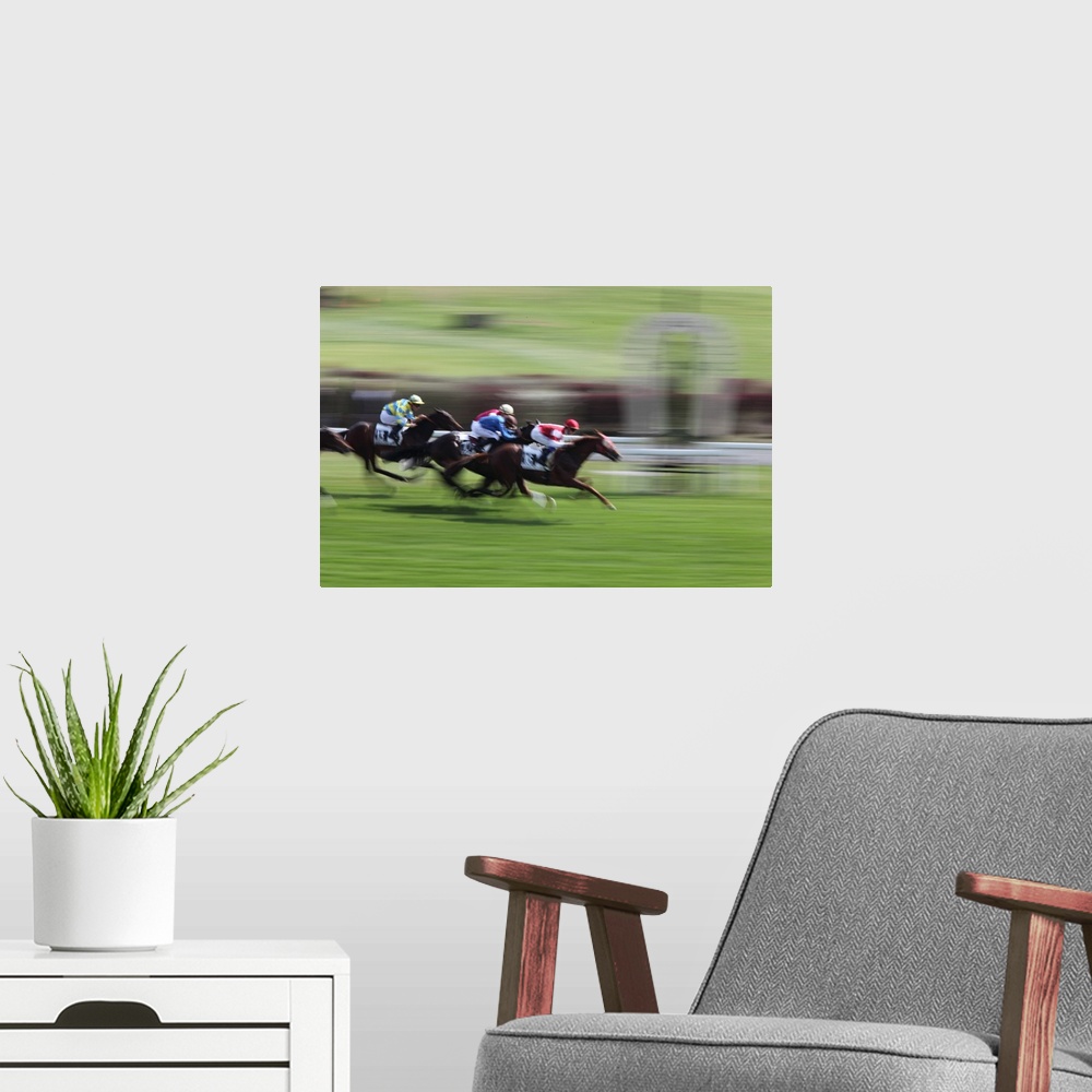 A modern room featuring Horse race - blurred motion