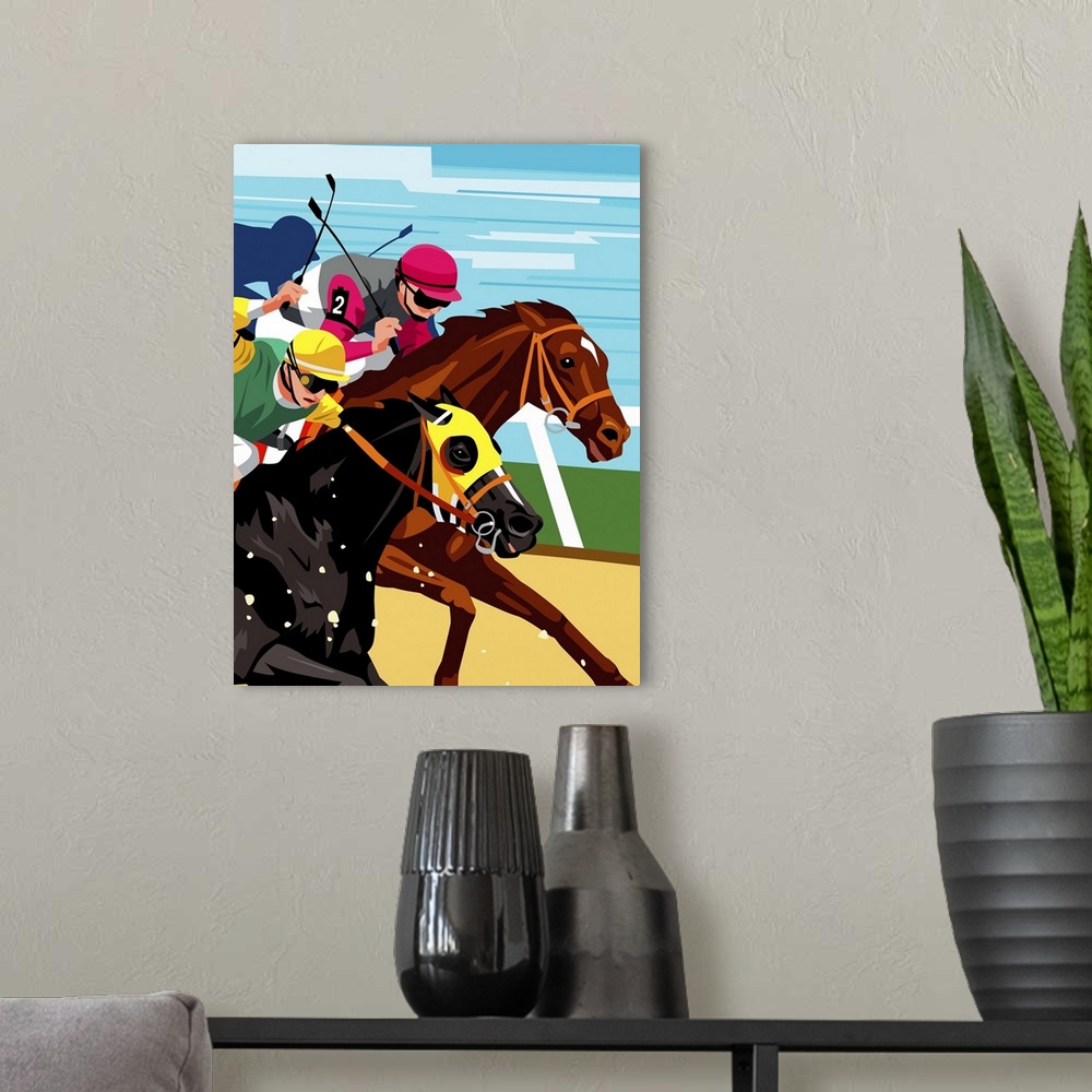 A modern room featuring Horse race, side view
