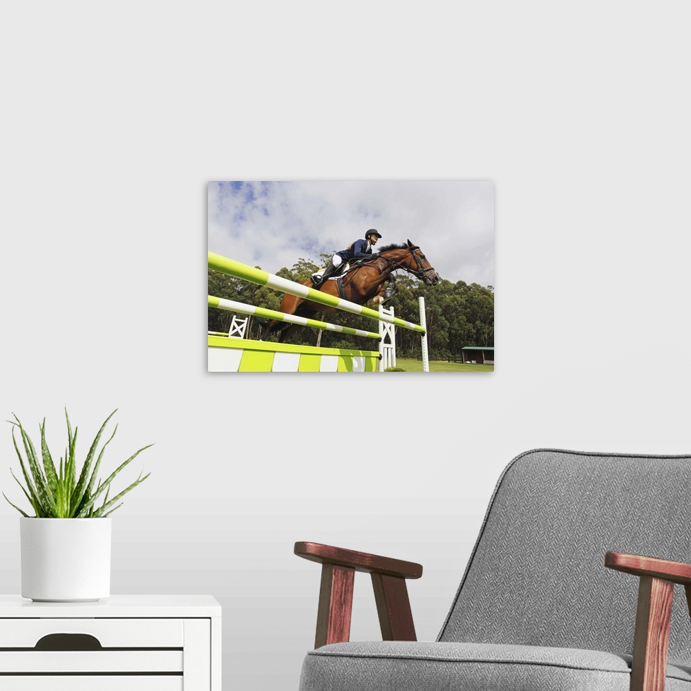 A modern room featuring Horse Rider Jumping Hurdle