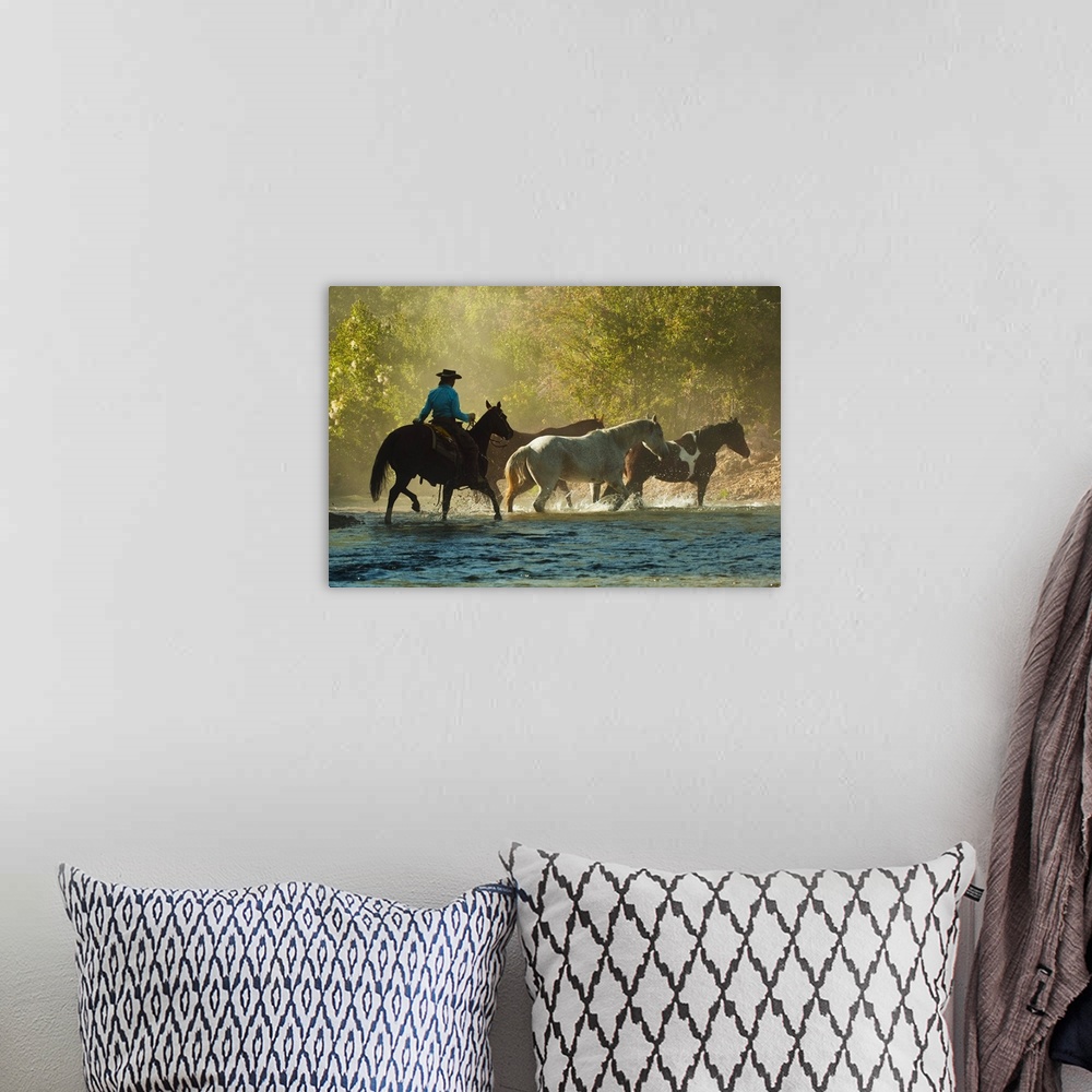 A bohemian room featuring Horseback Rider Herding horses