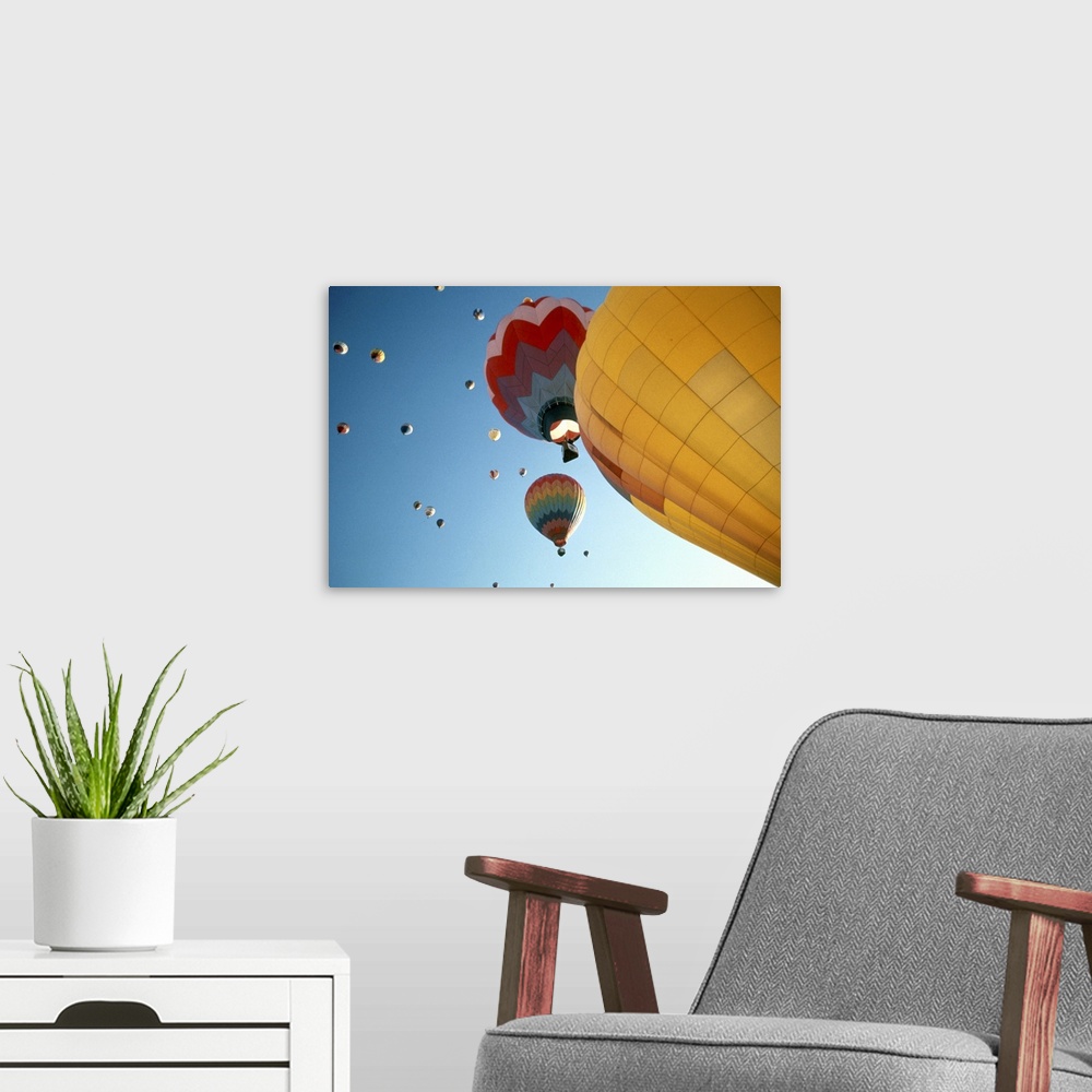 A modern room featuring Hot air balloons floating in sky