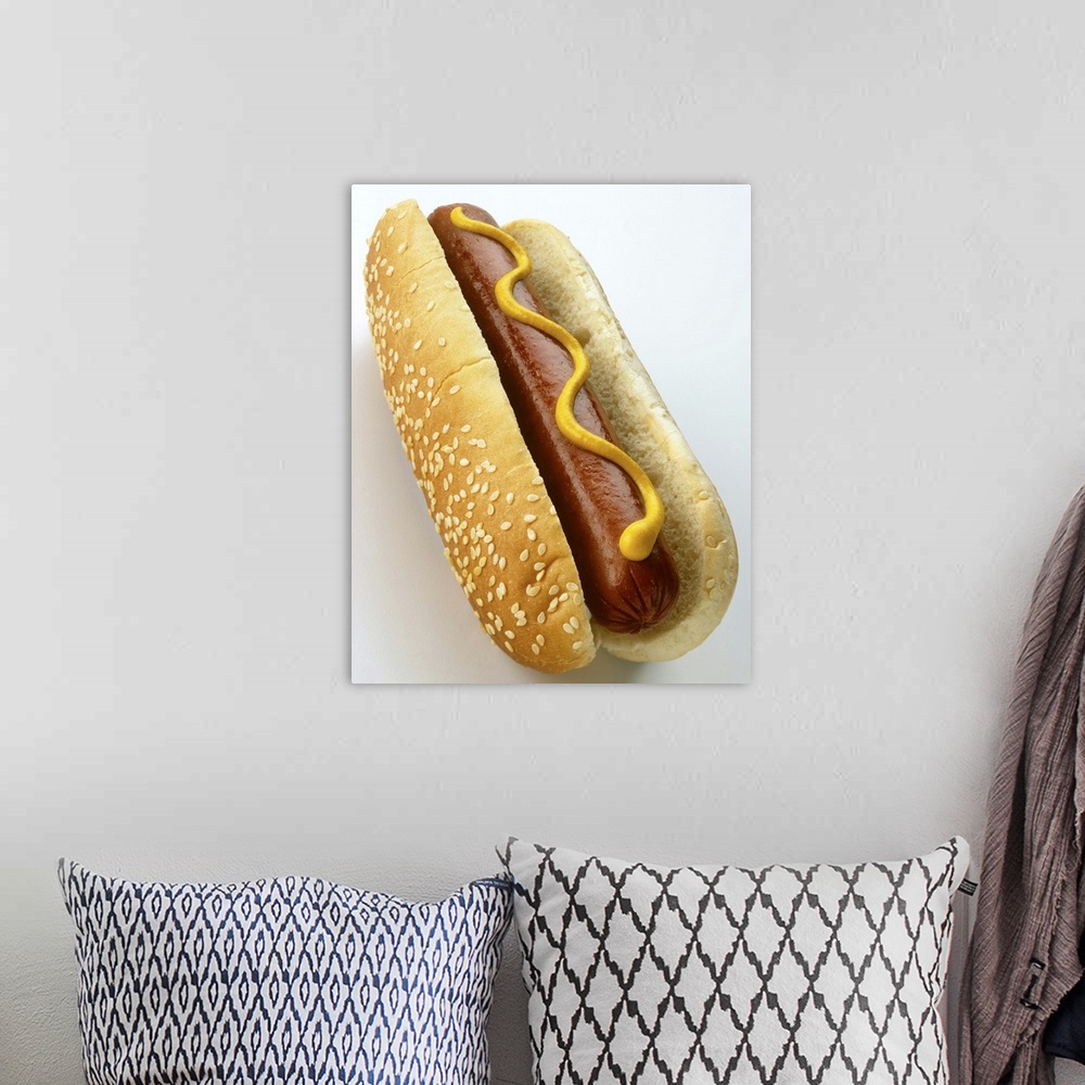 A bohemian room featuring Hot dog on white background, close-up