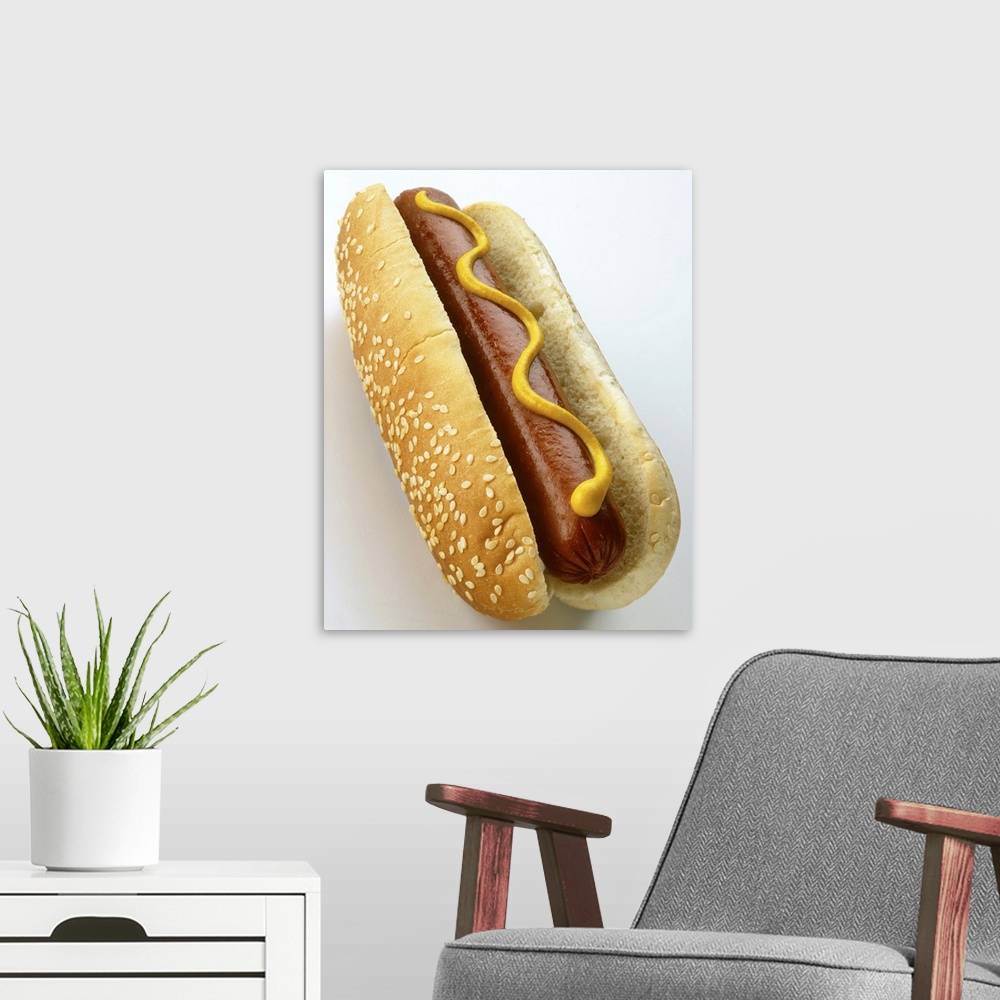 A modern room featuring Hot dog on white background, close-up