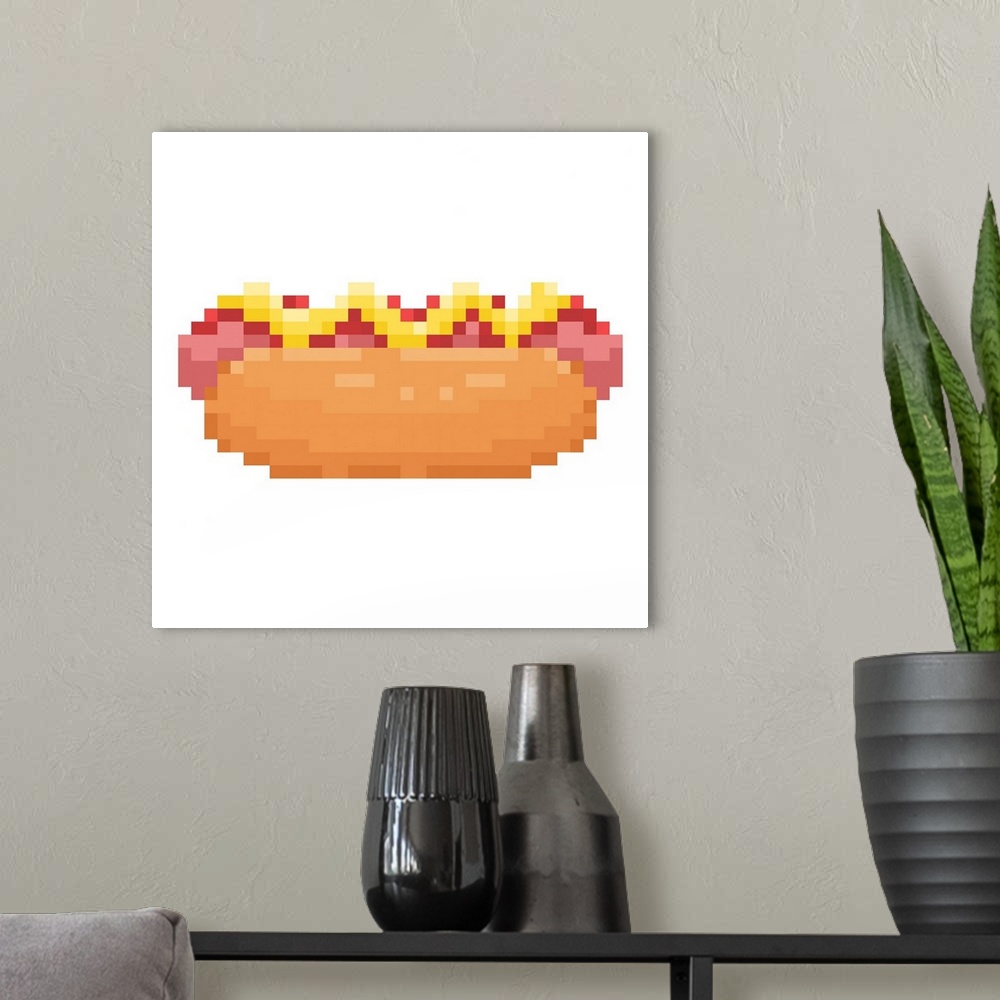 A modern room featuring Hot Dog Pixel Art