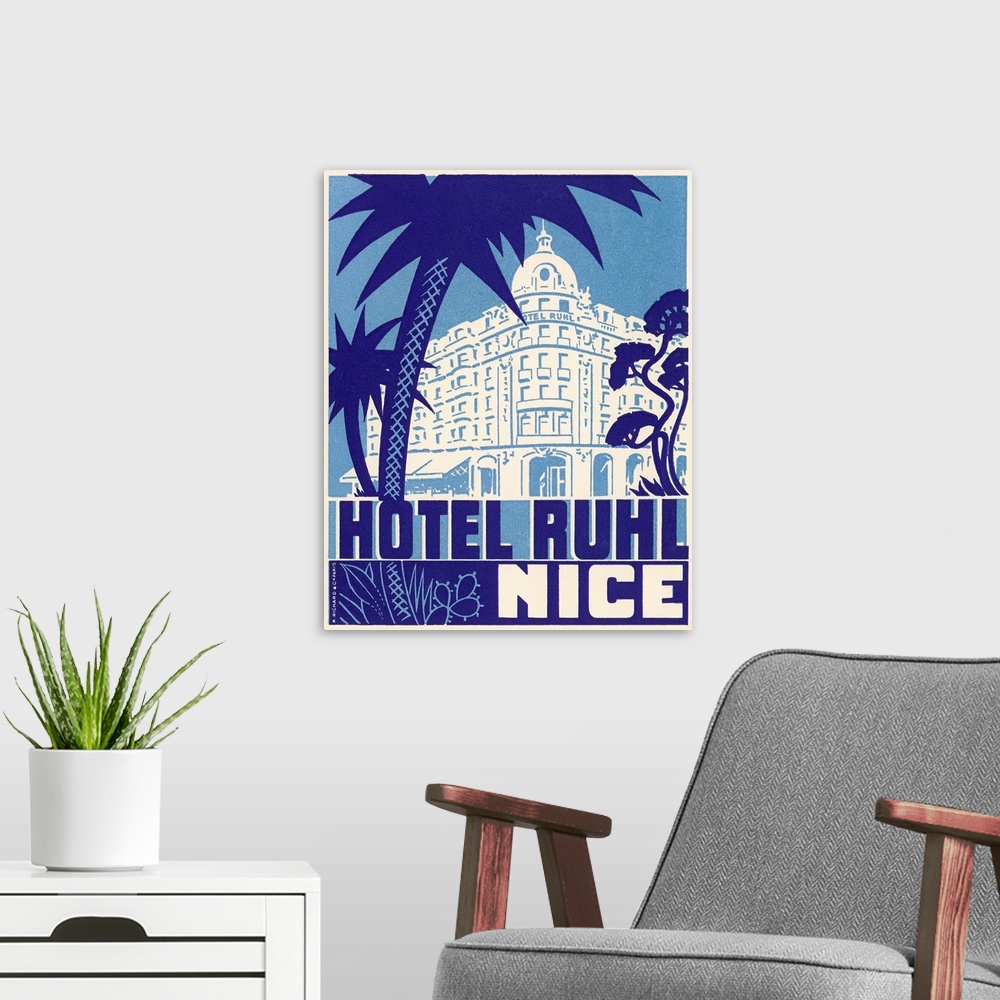 A modern room featuring Hotel Ruhl Nice Luggage Label