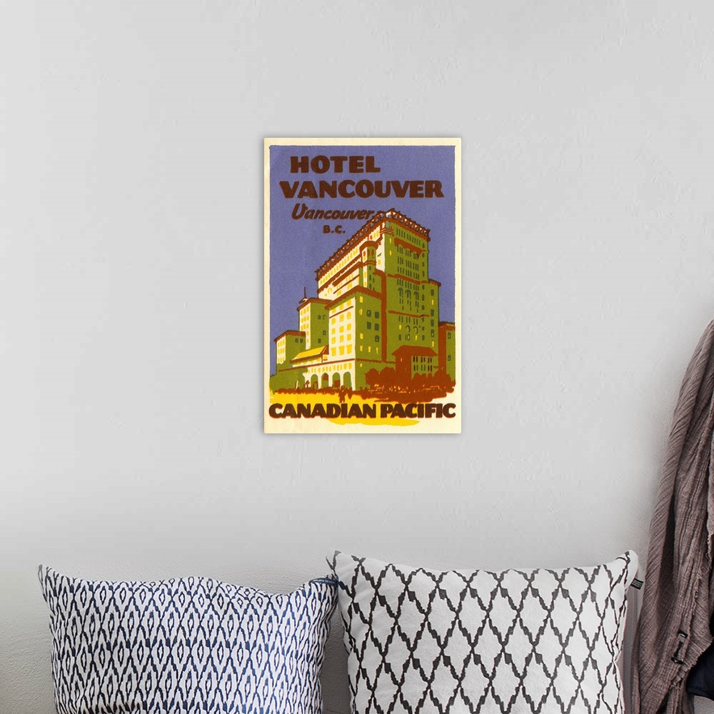A bohemian room featuring Hotel Vancouver Luggage Label