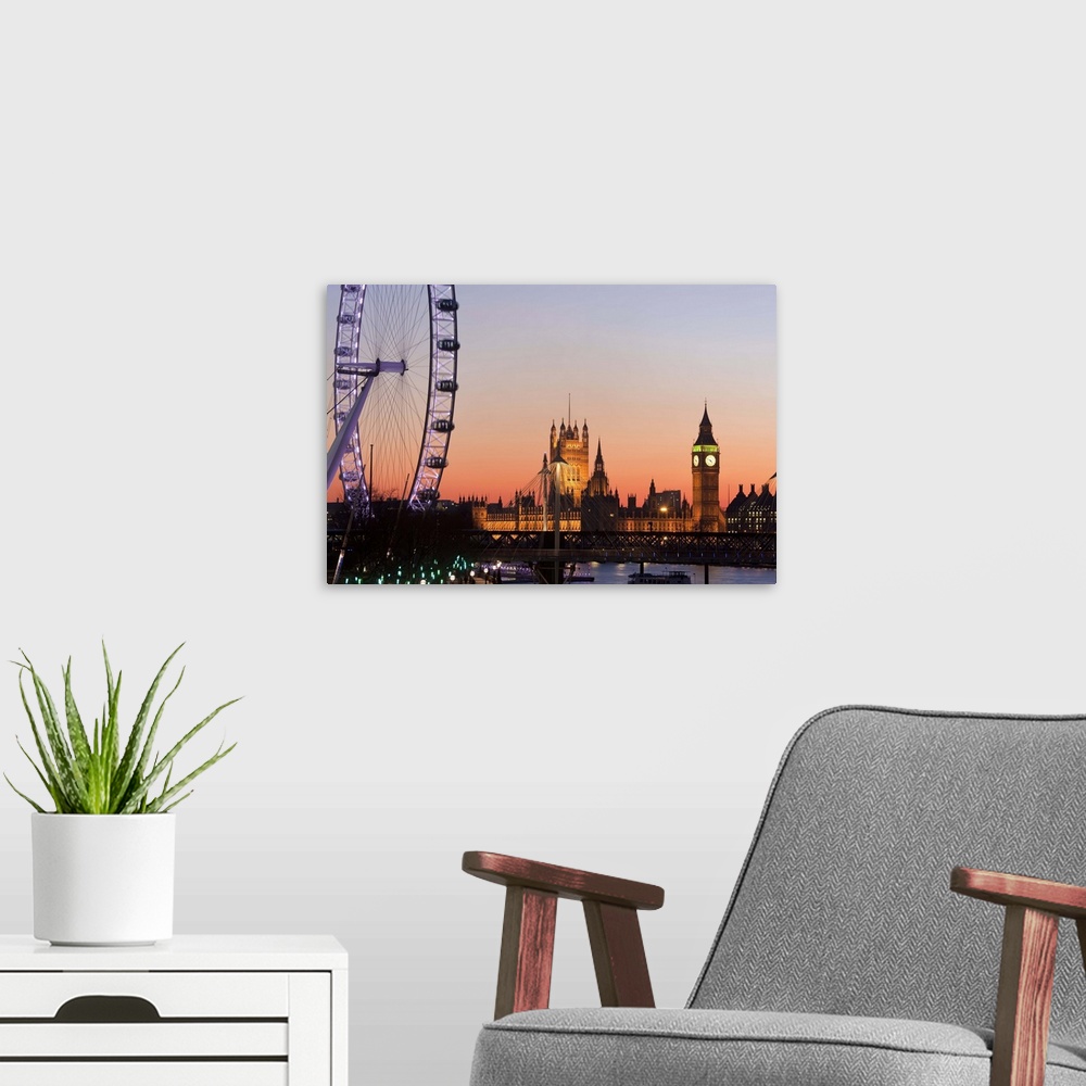 A modern room featuring Houses of Parliament & London Eye, Westminster, London, UK