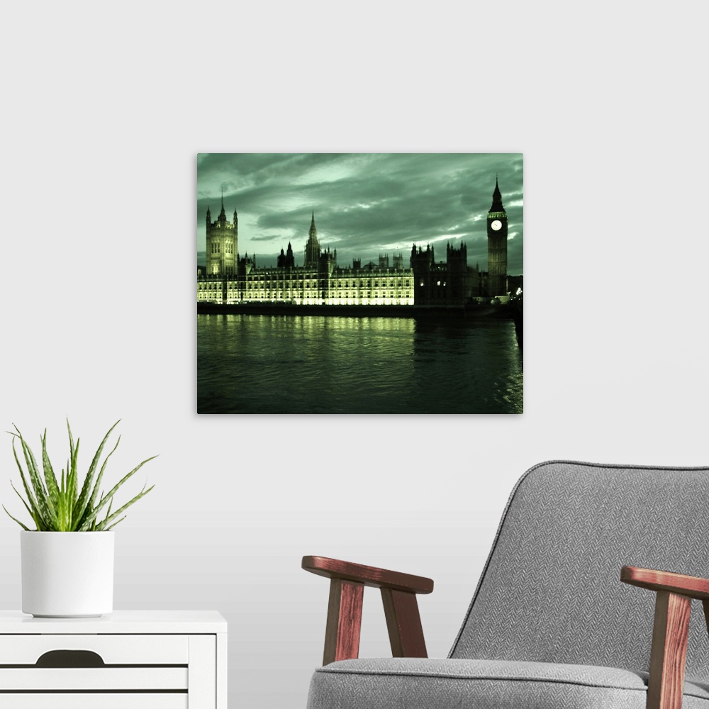 A modern room featuring Houses of Parliament and Big Ben in London, England