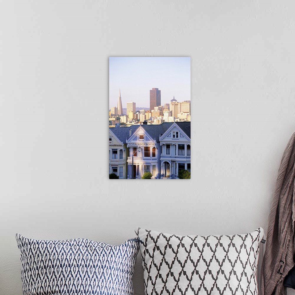 A bohemian room featuring Houses with skyscraper skyline behind it, Alamo Square, San Francisco