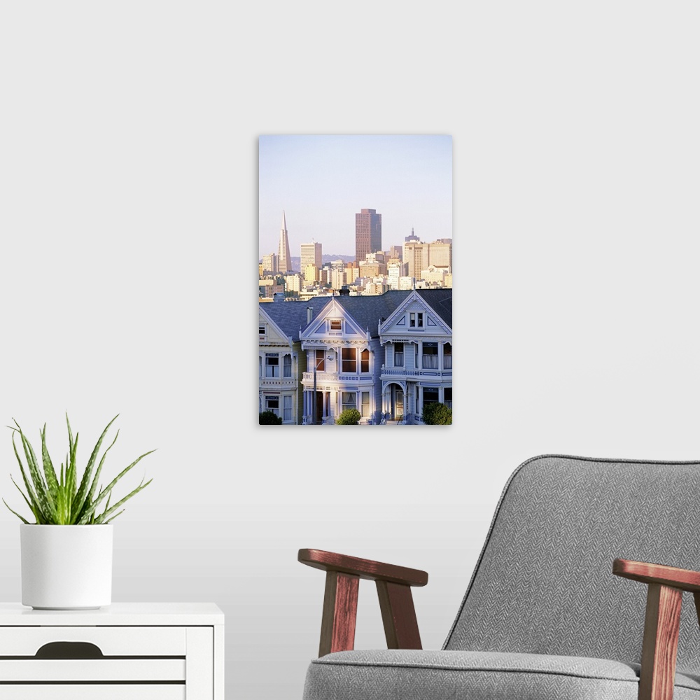 A modern room featuring Houses with skyscraper skyline behind it, Alamo Square, San Francisco