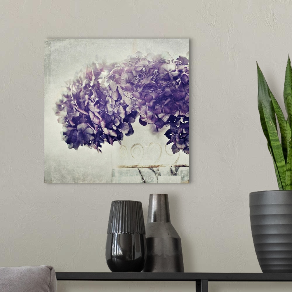 A modern room featuring Mixed media art of a photograph of a large bundle of Hydrangea flowers on a digitally created lig...
