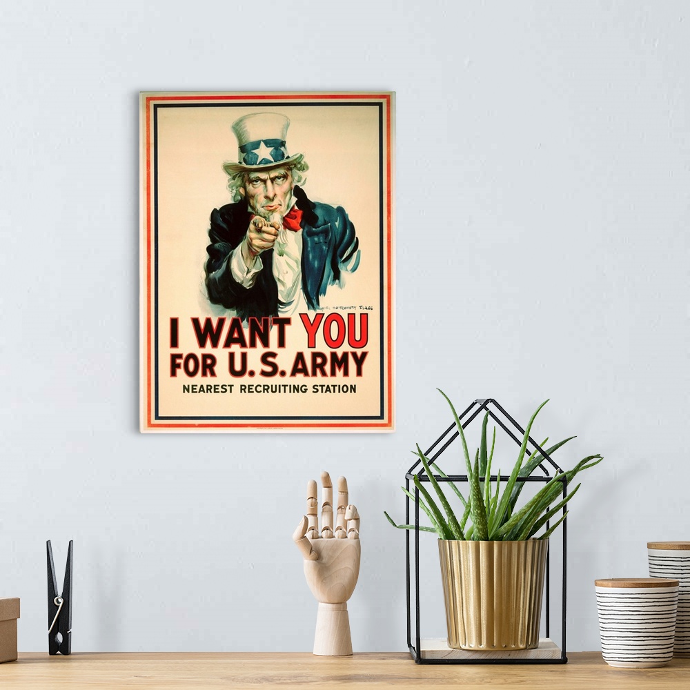 A bohemian room featuring I Want You For The U.S. Army Recruitment Poster By James Montgomery Flagg
