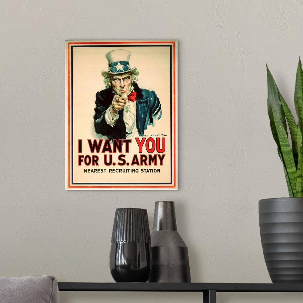 A modern room featuring I Want You For The U.S. Army Recruitment Poster By James Montgomery Flagg