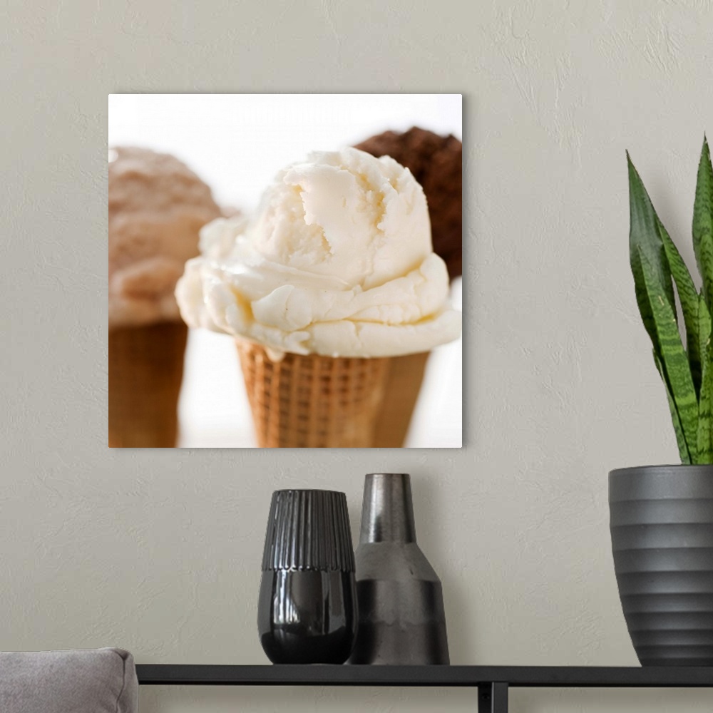 A modern room featuring Close up of various ice cream cones