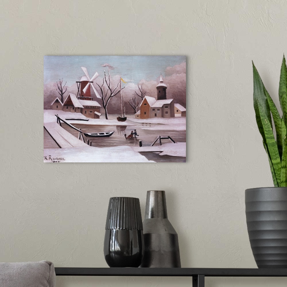 A modern room featuring Ice Skaters On A Frozen Pond By Henri Rousseau