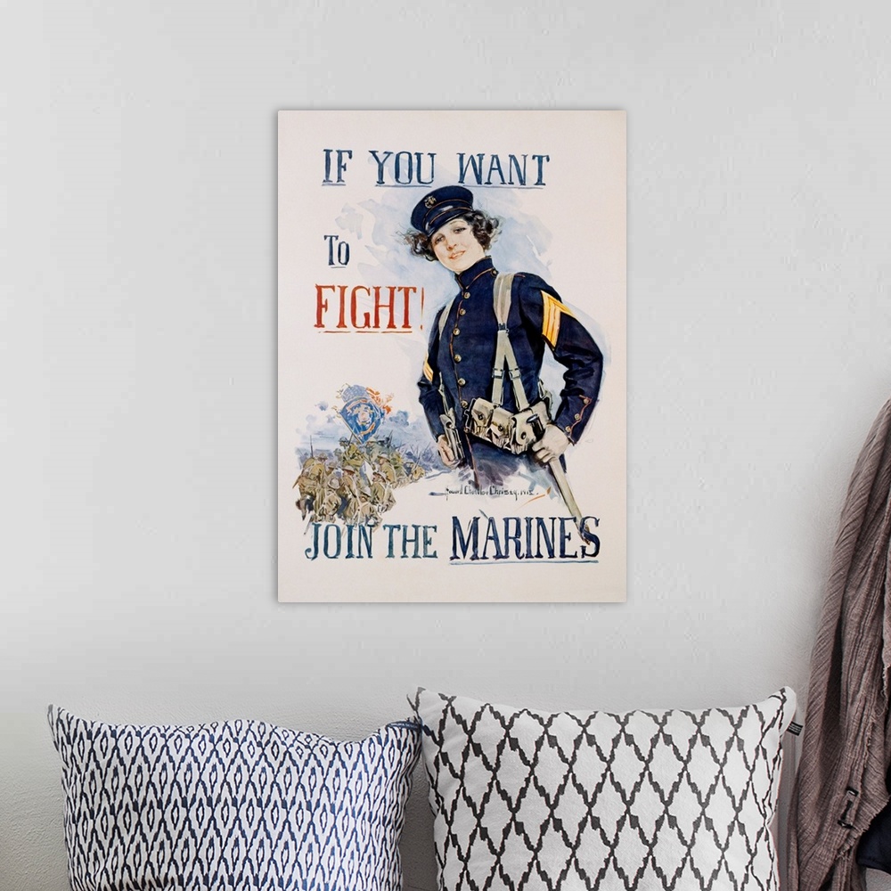 A bohemian room featuring If You Want To Fight, Join The Marines Poster By Howard Chandler Christy