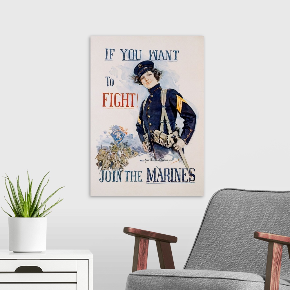 A modern room featuring If You Want To Fight, Join The Marines Poster By Howard Chandler Christy