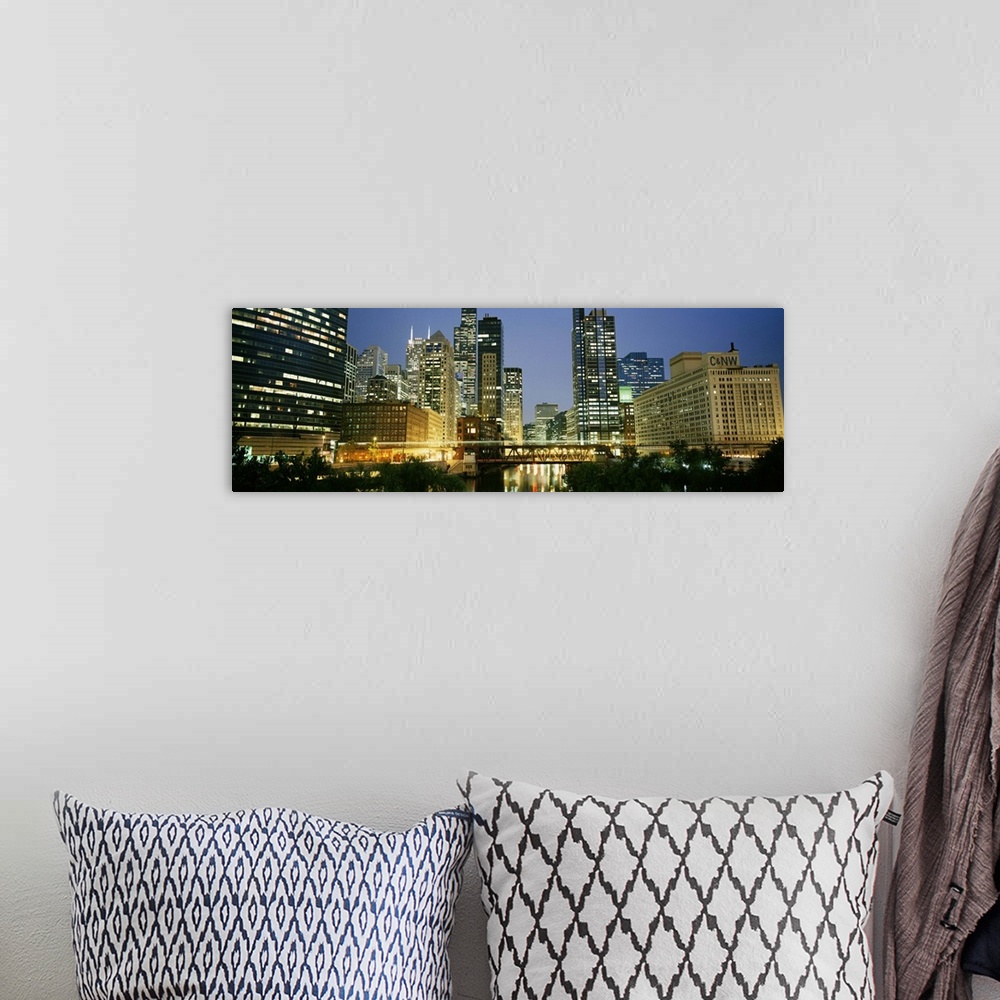 A bohemian room featuring USA, Illinois, Chicago, skyline at night