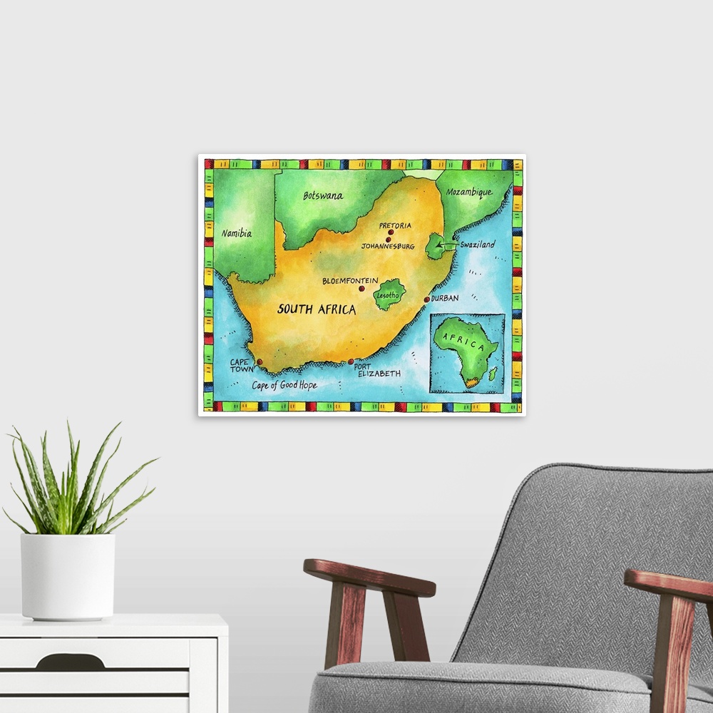 A modern room featuring Illustrated Map of South Africa