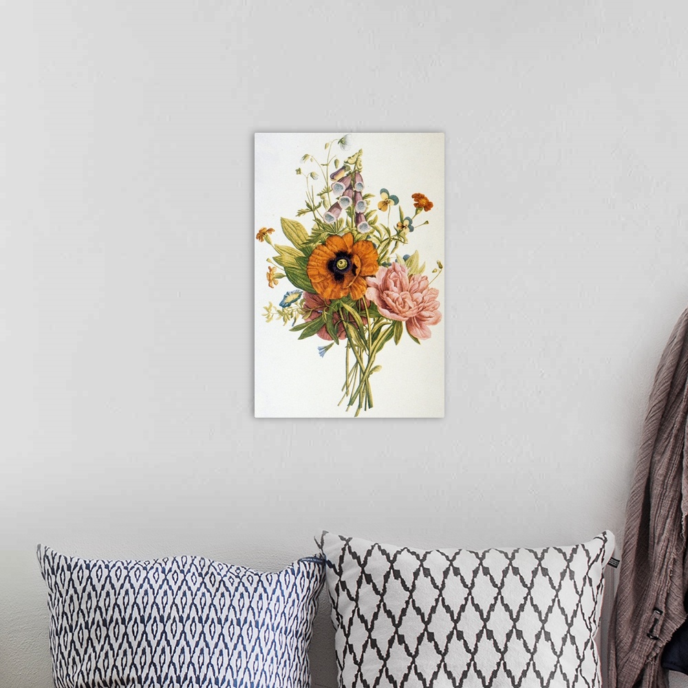 A bohemian room featuring Illustration Depicting A Bouquet Of Poppies, Carnations And Foxglove