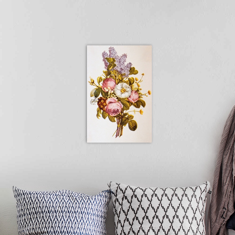 A bohemian room featuring Illustration Depicting A Bouquet Of Roses And Lilacs