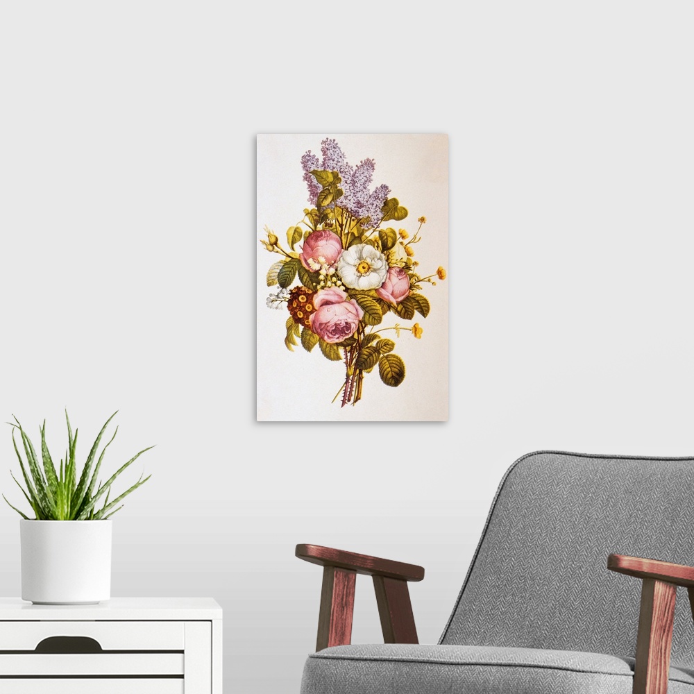 A modern room featuring Illustration Depicting A Bouquet Of Roses And Lilacs