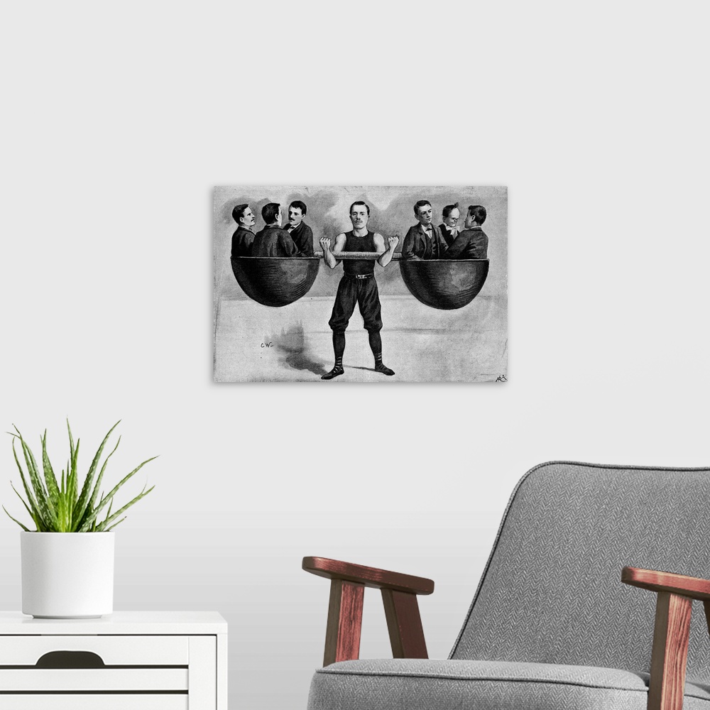 A modern room featuring Illustration of a Circus Performer Lifting Six Men