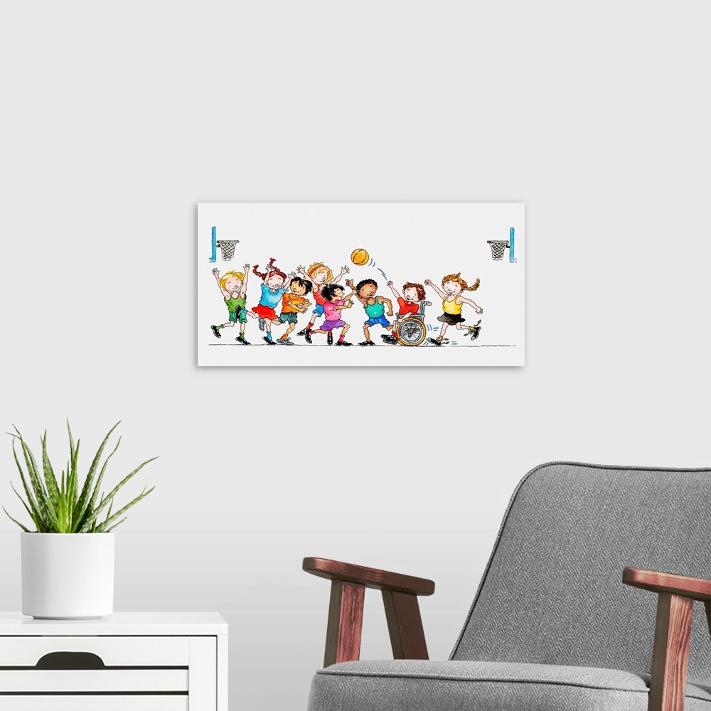 A modern room featuring Illustration of a group of children including a child in a wheelchair playing basketball together
