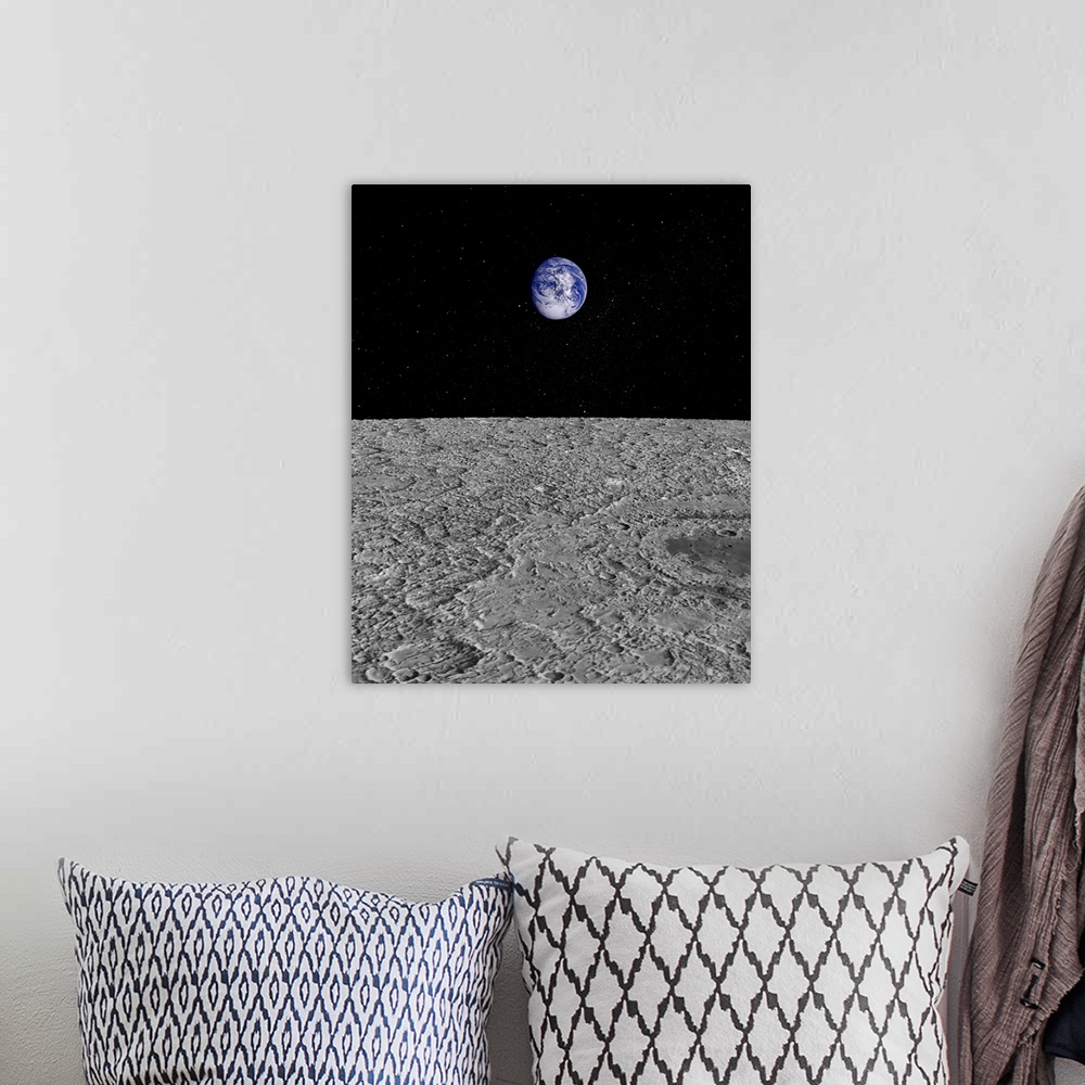 A bohemian room featuring Illustration of a View of Earth from the Moon