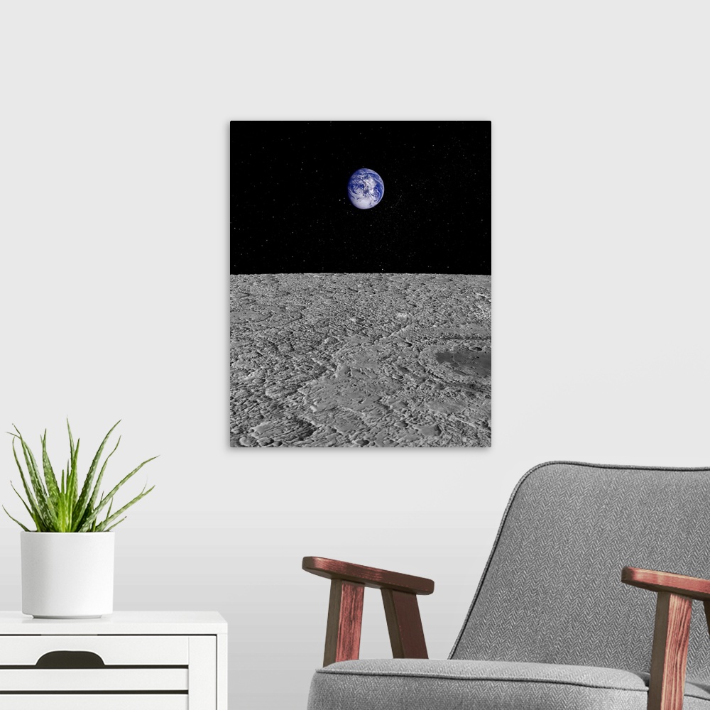 A modern room featuring Illustration of a View of Earth from the Moon