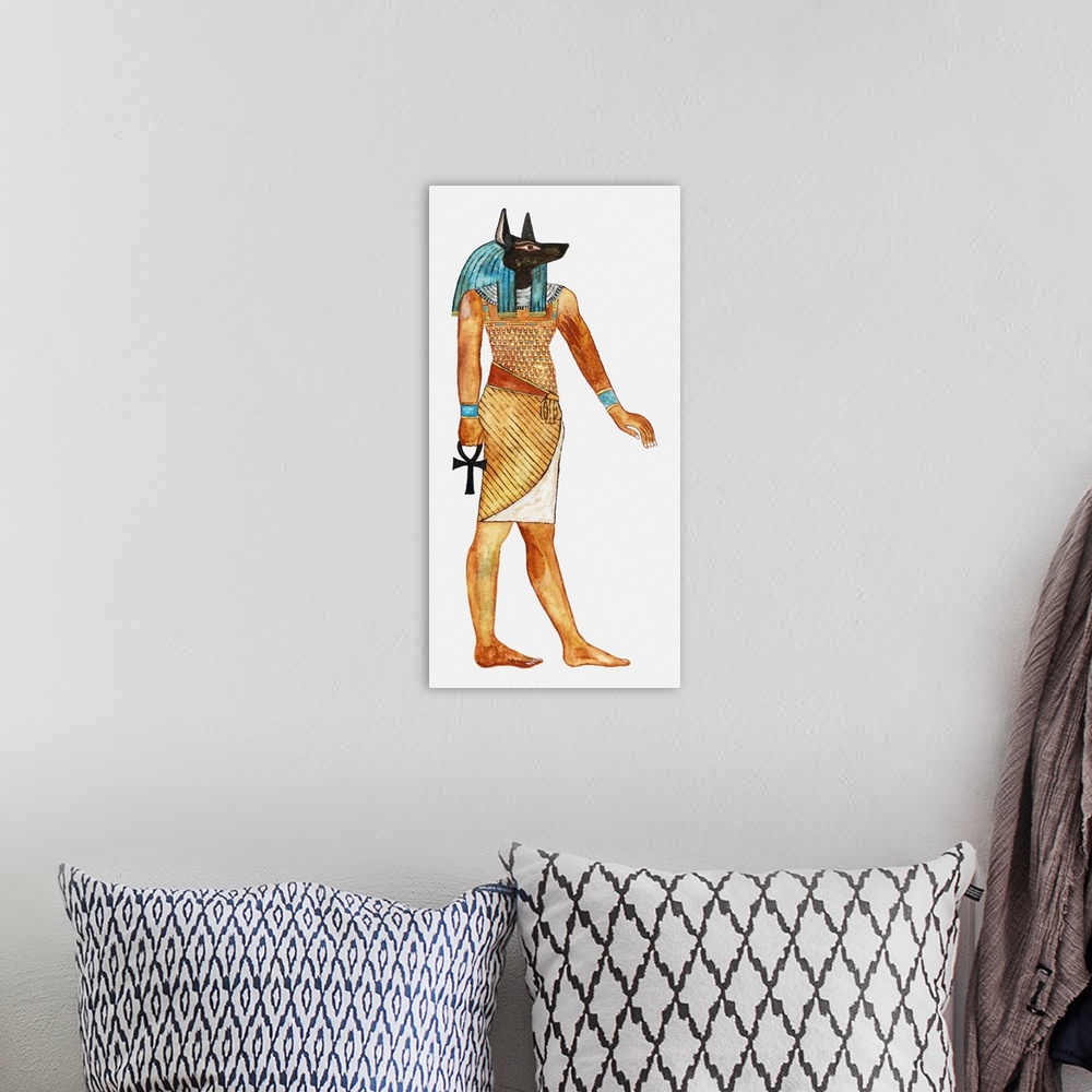 A bohemian room featuring Illustration of Ancient Egyptian god of the dead Anubis holding symbol of Anhk