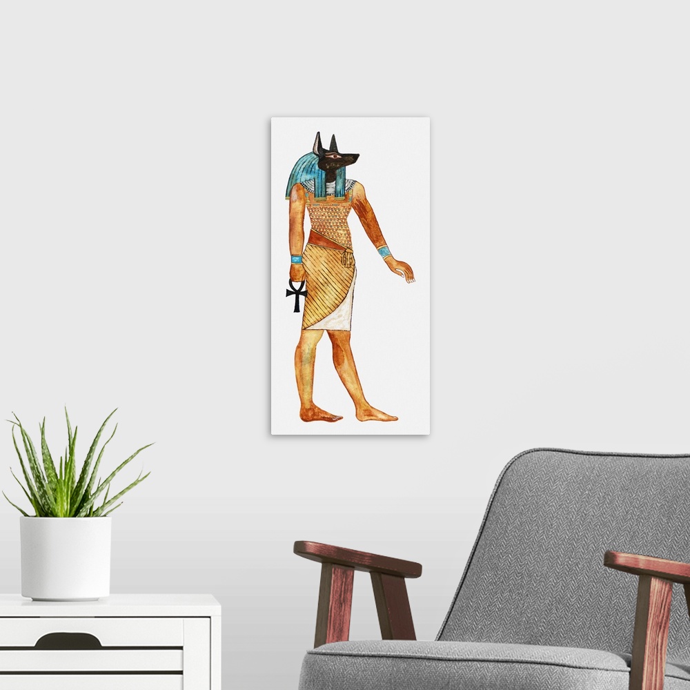 A modern room featuring Illustration of Ancient Egyptian god of the dead Anubis holding symbol of Anhk