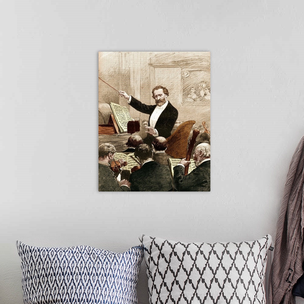 A bohemian room featuring Illustration of Giuseppe Verdi conducting an orchestra at the premier presentation of Aida in Par...