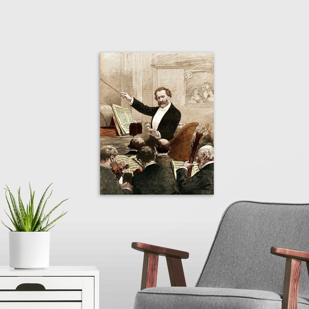 A modern room featuring Illustration of Giuseppe Verdi conducting an orchestra at the premier presentation of Aida in Par...