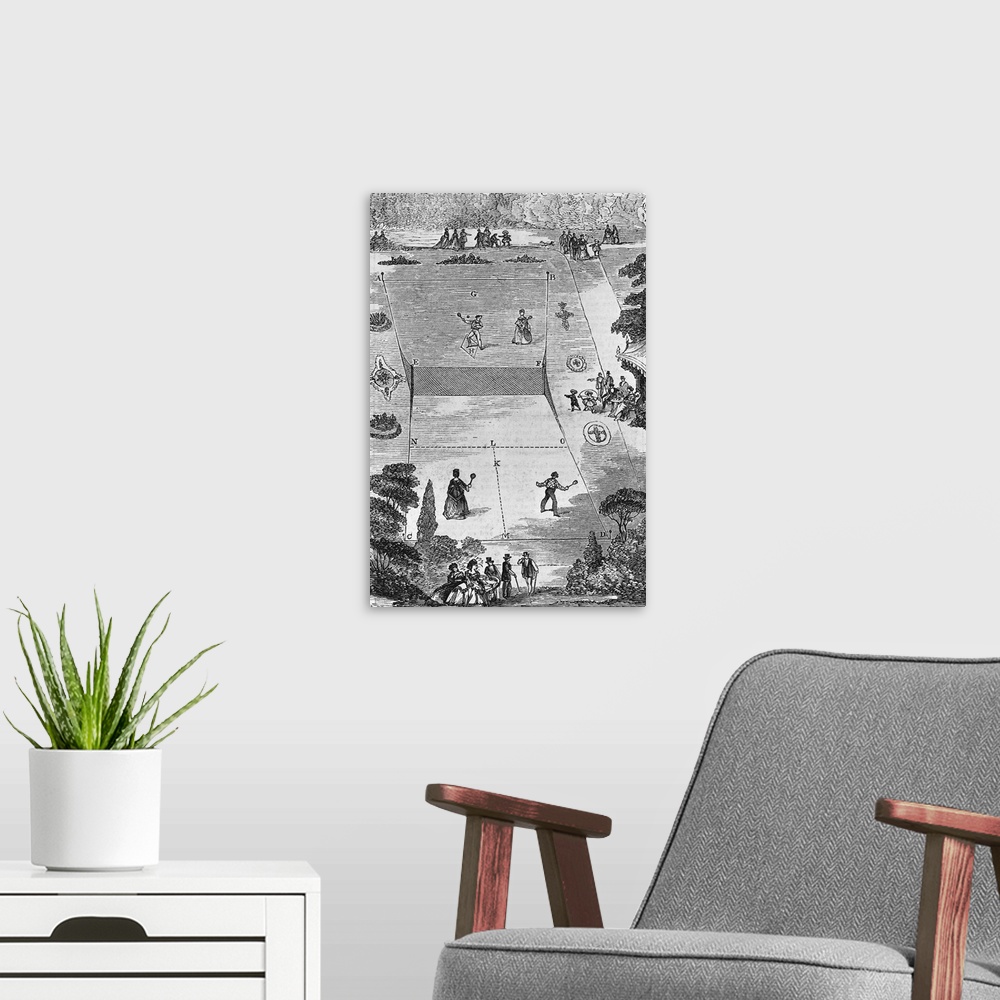 A modern room featuring Pastimes : Lawn Tennis. An illustration of a group of people playing lawn tennis. The following a...