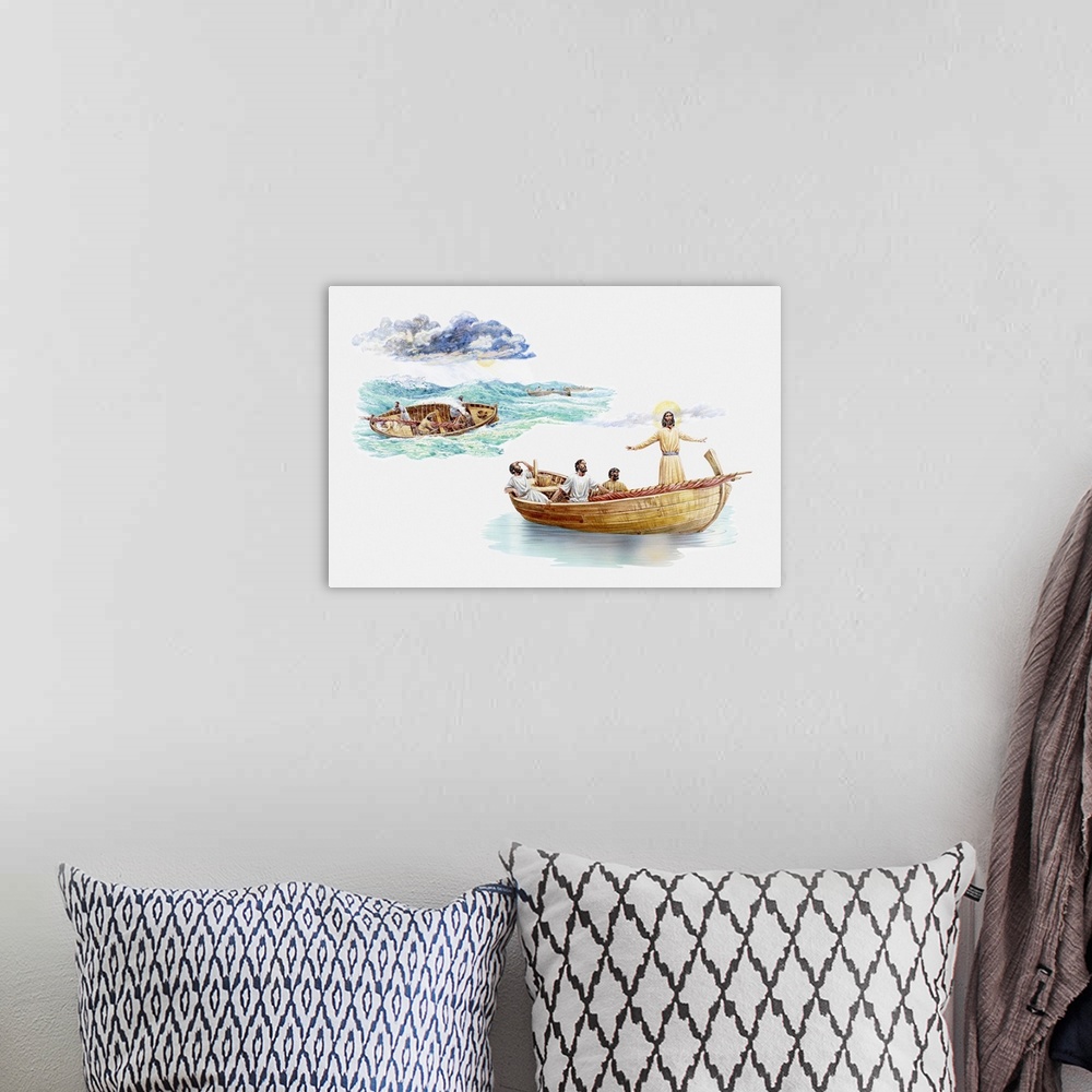 A bohemian room featuring Illustration of Jesus and disciples in boat on Lake Galilee, Jesus commanding the waves to be sti...