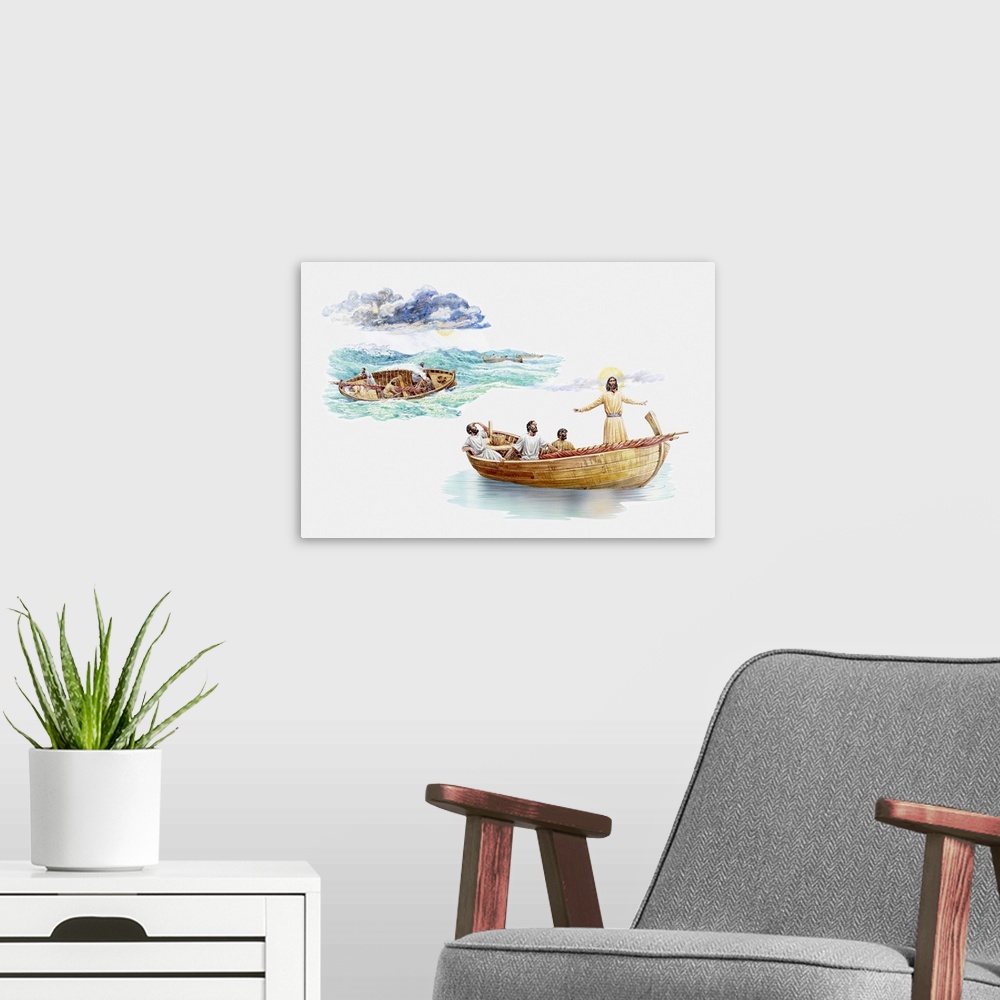 A modern room featuring Illustration of Jesus and disciples in boat on Lake Galilee, Jesus commanding the waves to be sti...