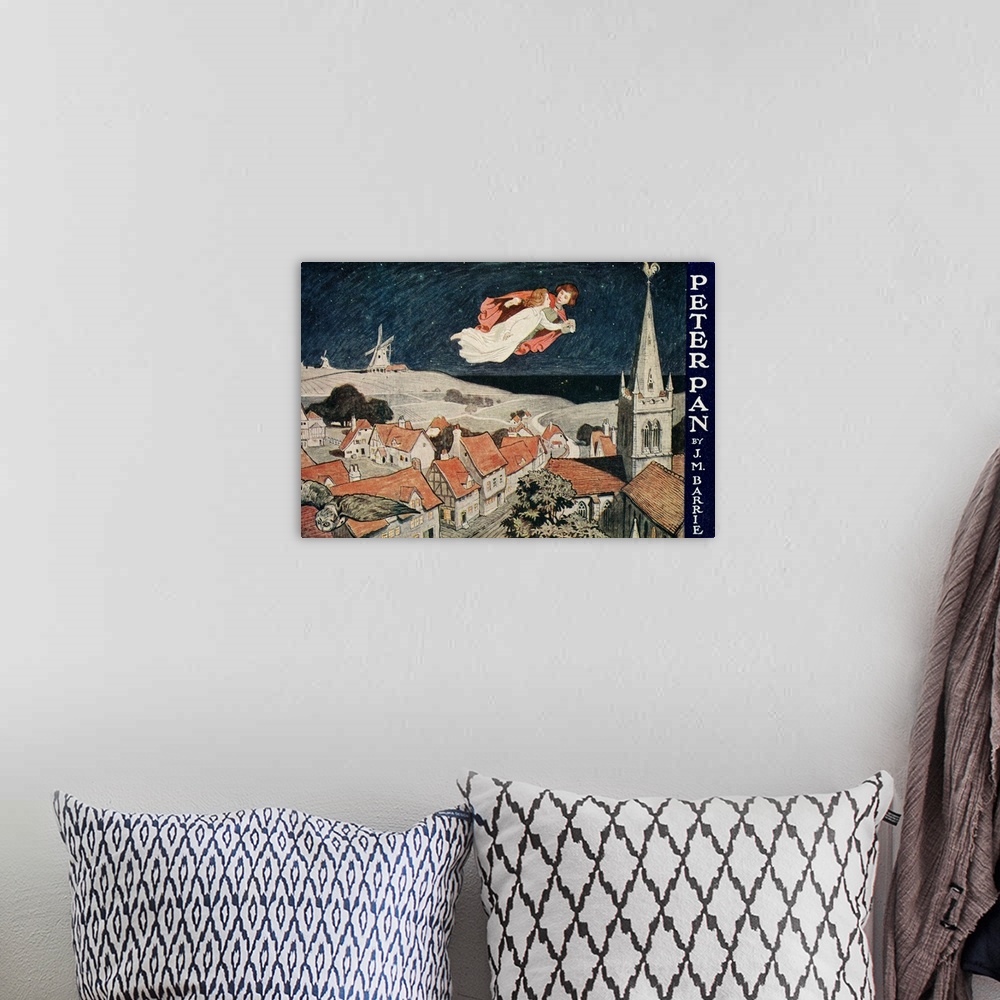 A bohemian room featuring Illustration Of Peter Pan And Wendy Flying Over Town