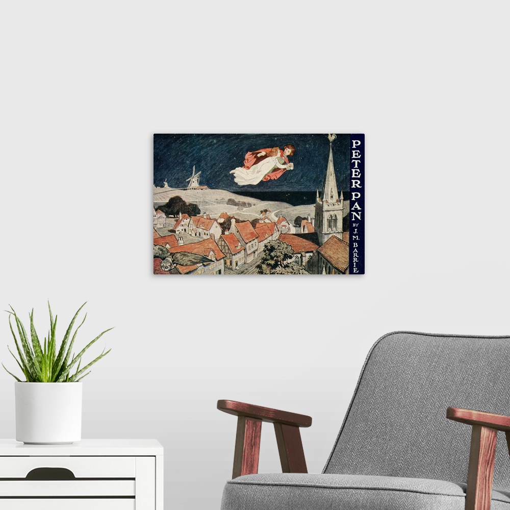 A modern room featuring Illustration Of Peter Pan And Wendy Flying Over Town