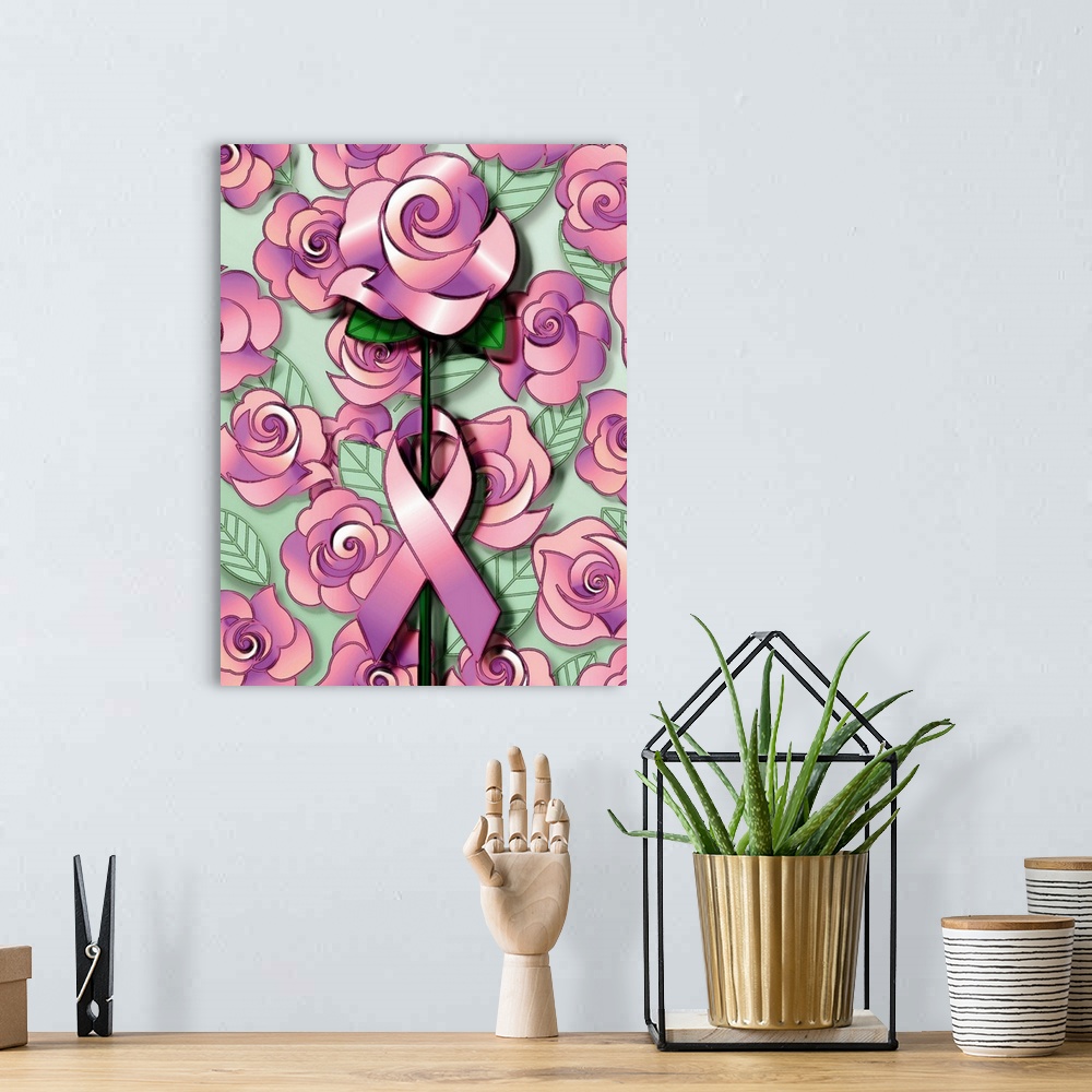 A bohemian room featuring Illustration of pink rose with breast cancer ribbon around it